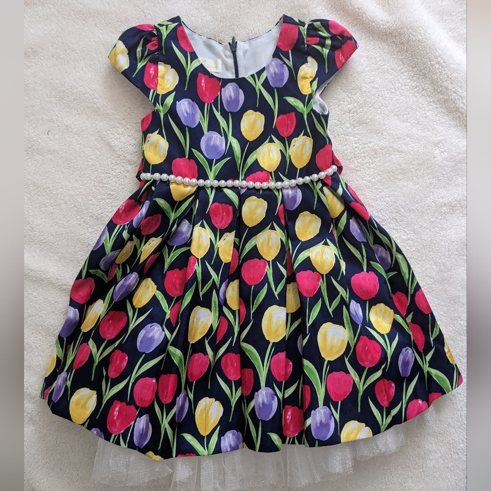 American Princess Navy Blue Multi-Color Tulip Dress w/ pearl accents. Size 4T